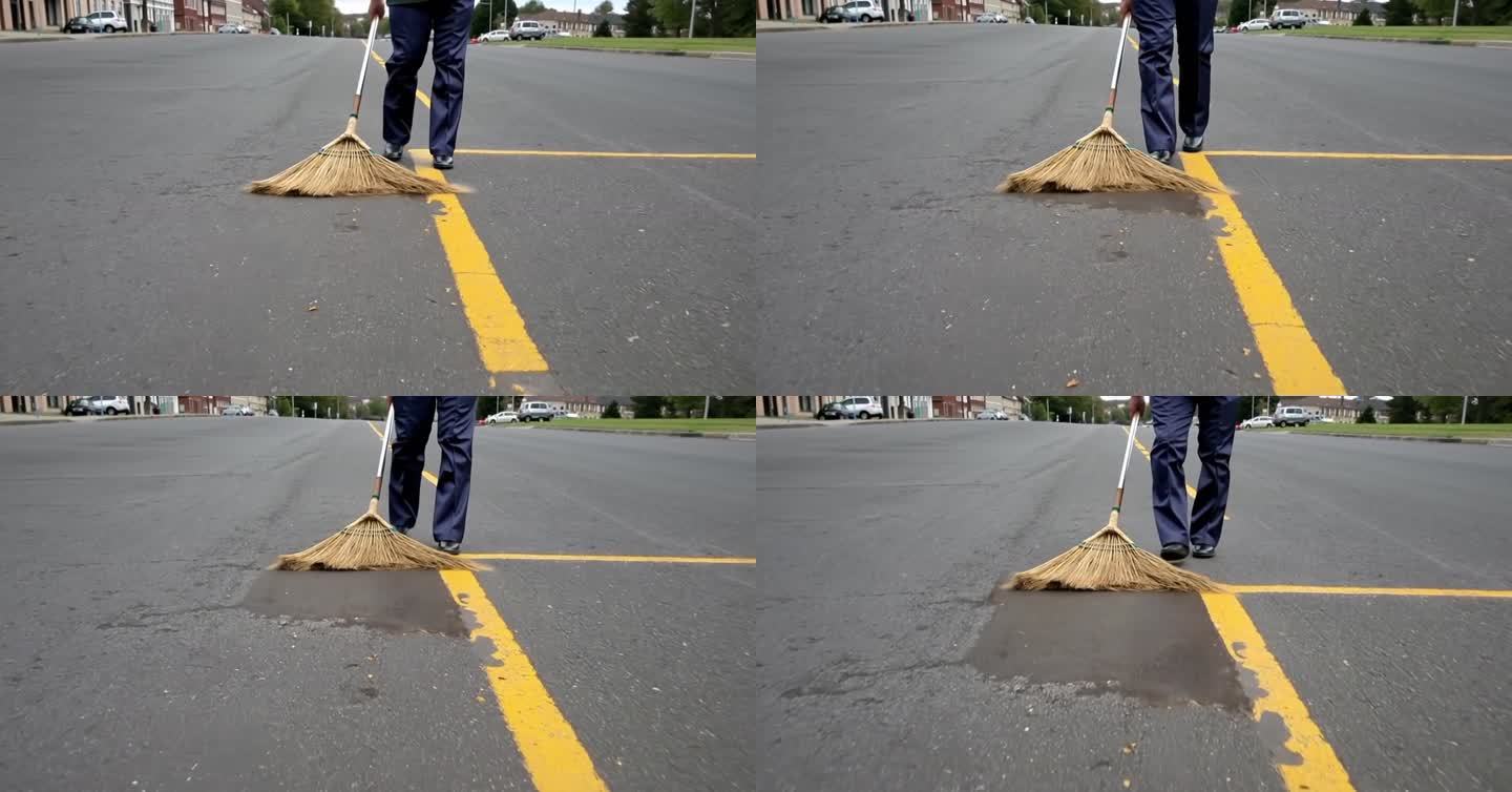 使用掃帚清掃道路的道路清掃車